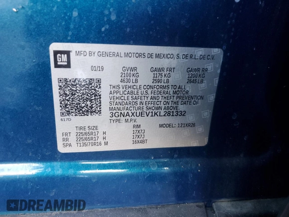 2019 Chevrolet Equinox LT z VIN 3GNAXUEV1KL281332, wystawiony jako Copart lot #82080574 z przebiegiem Nie podano mil oraz Szkoda całkowita • Salvage title. Historia ofert i sprzedaży dostępna na DreamBid. Obrazek 14.