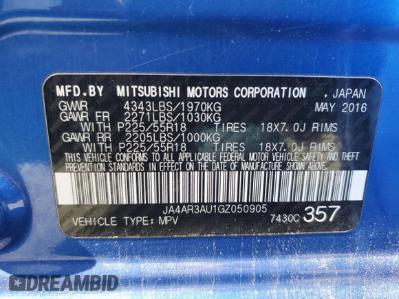 2016 Mitsubishi Outlander ES с VIN JA4AR3AU1GZ050905, выставлен на аукционе Copart как лот 51389655 с пробегом 186 355 миль миль и Чистый • Clean title. История ставок и продаж доступна на DreamBid. Изображение 12.