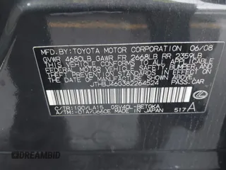 2008 Lexus ES 350 with VIN JTHBJ46G382264524, listed as a IAAI auction lot 42032067 with Not Provided miles. Bid and sale history available at carsss.com. Image 9.