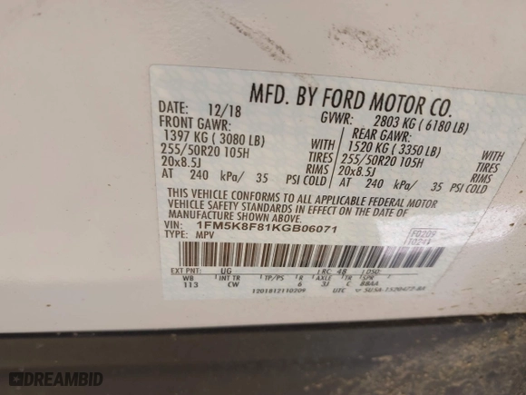 2019 Ford Explorer Limited with VIN 1FM5K8F81KGB06071, listed as a IAAI auction lot 41897131 with 69,831 mi miles. Bid and sale history available at carsss.com. Image 9.