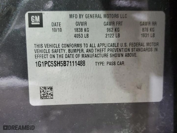 2011 Chevrolet Cruze LS with VIN 1G1PC5SH5B7111488, listed as a Copart auction lot 44543435 with 89,309 mi miles and Salvage Title. Bid and sale history available at carsss.com. Image 12.