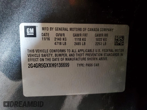 2017 Buick Regal Premium II with VIN 2G4GR5GXXH9136699, listed as a Copart auction lot 81829784 with 53,148 mi miles and Salvage Title. Bid and sale history available at carsss.com. Image 12.