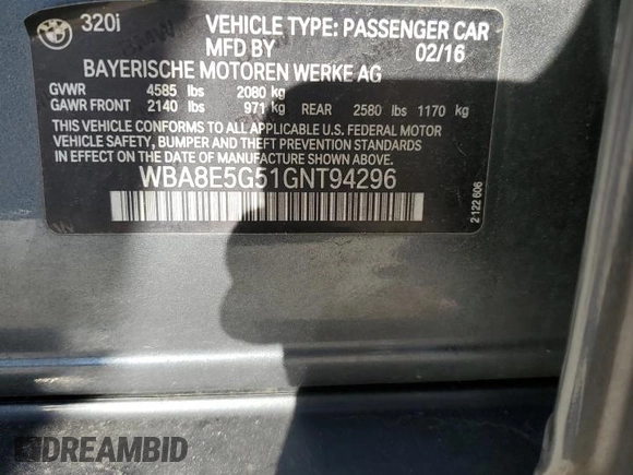 2016 BMW 3 Series 320i xDrive with VIN WBA8E5G51GNT94296, listed as a Copart auction lot 44394315 with 111,084 mi miles and Salvage Title. Bid and sale history available at carsss.com. Image 13.