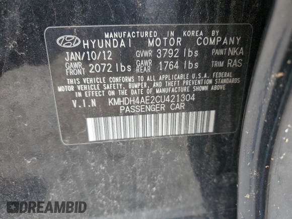 2012 Hyundai Elantra Limited with VIN KMHDH4AE2CU421304, listed as a Copart auction lot 62952855 with 134,492 mi miles and Clean title. Bid and sale history available at DreamBid. Image 12.