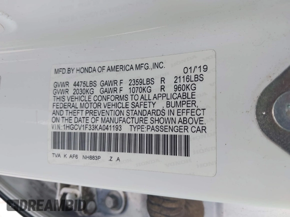 2019 Honda Accord Sport with VIN 1HGCV1F33KA041193, listed as a IAAI auction lot 41956200 with 171,700 mi miles and . Bid and sale history available at DreamBid. Image 9.