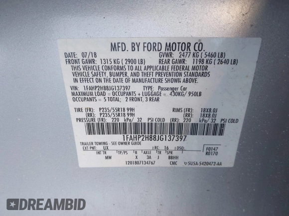2018 Ford Taurus SEL with VIN 1FAHP2H88JG137397, listed as a IAAI auction lot 41373548 with 48,189 mi miles. Bid and sale history available at carsss.com. Image 9.