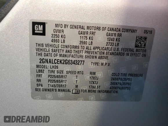 2016 Chevrolet Equinox LT z VIN 2GNALCEK2G6343277, wystawiony jako Copart lot #84266854 z przebiegiem 166 953 mil mil oraz Szkoda całkowita • Salvage title. Historia ofert i sprzedaży dostępna na DreamBid. Obrazek 13.