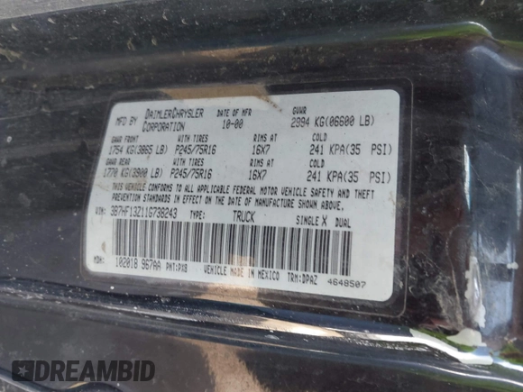 2001 Dodge 1500 with VIN 3B7HF13Z11G738243, listed as a IAAI auction lot 41617655 with 179,176 mi miles and . Bid and sale history available at DreamBid. Image 9.