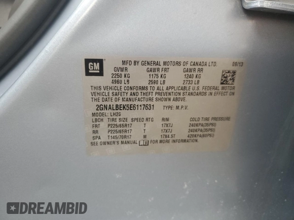 2014 Chevrolet Equinox LT with VIN 2GNALBEK5E6117631, listed as a Copart auction lot 49855035 with 188,960 mi miles and Salvage Title. Bid and sale history available at carsss.com. Image 13.