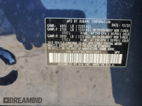 2024 Subaru Outback Premium with VIN 4S4BTADC9R3212431, listed as a Copart auction lot 50982175 with 13,363 mi miles and Salvage title. Bid and sale history available at DreamBid. Image 14.