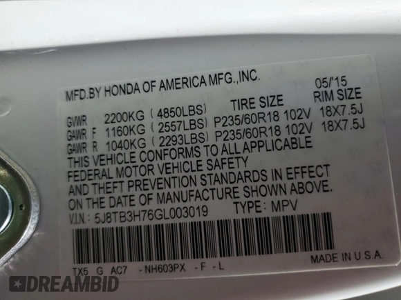 2016 Acura RDX Advance Pkg with VIN 5J8TB3H76GL003019, listed as a Copart auction lot 87494044 with 33,552 mi miles and Salvage Title. Bid and sale history available at carsss.com. Image 14.
