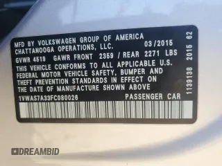 2015 Volkswagen Passat S with VIN 1VWAS7A33FC080026, listed as a Copart auction lot 48748815 with 100,579 mi miles and Salvage title. Bid and sale history available at DreamBid. Image 14.
