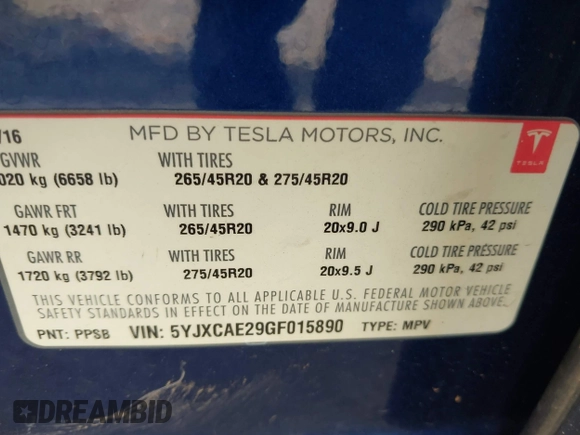 2016 Tesla Model X 70D z VIN 5YJXCAE29GF015890, wystawiony jako IAAI lot #41637564 z przebiegiem 145 848 mil mil oraz . Historia ofert i sprzedaży dostępna na DreamBid. Obrazek 9.