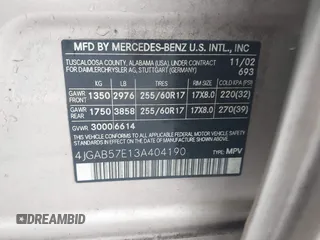 2003 Mercedes-Benz M 350 with VIN 4JGAB57E13A404190, listed as a IAAI auction lot 42434252 with 195,541 mi miles and . Bid and sale history available at DreamBid. Image 9.
