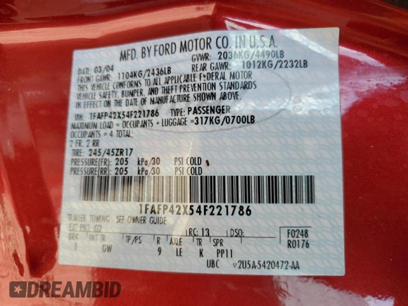 2004 Ford Mustang GT Deluxe z VIN 1FAFP42X54F221786, wystawiony jako Copart lot #47560645 z przebiegiem 138 407 mil mil oraz Szkoda całkowita • Salvage title. Historia ofert i sprzedaży dostępna na DreamBid. Obrazek 15.