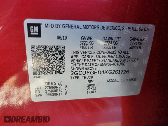 2019 Chevrolet Silverado 1500 LTZ with VIN 3GCUYGED4KG261726, listed as a Copart auction lot 87998295 with 84,904 mi miles and Salvage Title. Bid and sale history available at DreamBid. Image 15.