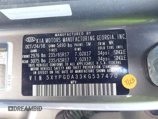 2019 Kia Sorento LX z VIN 5XYPGDA33KG537470, wystawiony jako IAAI lot #41970865 z przebiegiem 77 010 mil mil oraz . Historia ofert i sprzedaży dostępna na DreamBid. Obrazek 9.