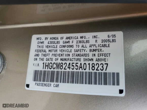 2005 Honda Accord Cpe LX V6 SE with VIN 1HGCM82455A018237, listed as a Copart auction lot 78646434 with 145,198 mi miles and Salvage Title. Bid and sale history available at carsss.com. Image 14.