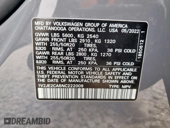 2022 Volkswagen Atlas SE with VIN 1V2JE2CA5NC222009, listed as a Copart auction lot 58000185 with 64,173 mi miles and Salvage title. Bid and sale history available at DreamBid. Image 13.