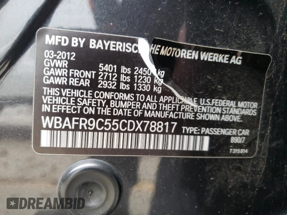 2012 BMW 5 Series 550i with VIN WBAFR9C55CDX78817, listed as a Copart auction lot 85811044 with Not Provided miles and Salvage Title. Bid and sale history available at carsss.com. Image 12.
