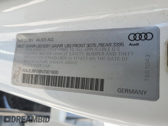 2022 Audi e-tron GT Prestige z VIN WAUEJBFW8N7001600, wystawiony jako Copart lot #60571595 z przebiegiem 26 399 mil mil oraz Szkoda całkowita • Salvage title. Historia ofert i sprzedaży dostępna na DreamBid. Obrazek 12.