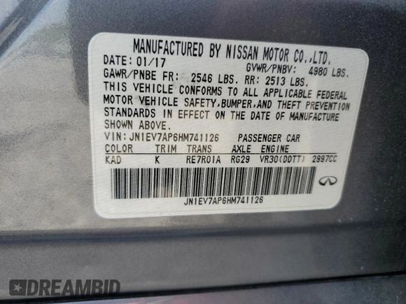 2017 Infiniti Q50 Signature Edition with VIN JN1EV7AP6HM741126, listed as a Copart auction lot 56382825 with 158,579 mi miles and Salvage title. Bid and sale history available at DreamBid. Image 12.