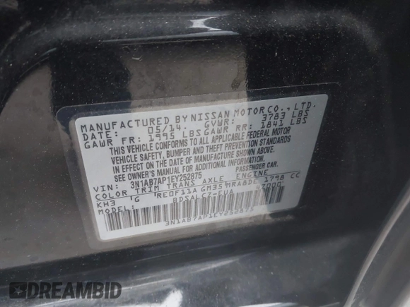 2014 Nissan Sentra SR with VIN 3N1AB7AP1EY252875, listed as a IAAI auction lot 40754572 with 88,952 mi miles and . Bid and sale history available at DreamBid. Image 9.