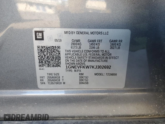 2019 Chevrolet Traverse LS with VIN 1GNEVFKW7KJ302692, listed as a Copart auction lot 81576744 with 94,856 mi miles and Salvage Title. Bid and sale history available at carsss.com. Image 13.