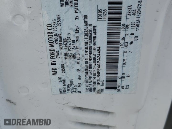 2010 Ford Ranger XLT with VIN 1FTLR4FE4APA24484, listed as a Copart auction lot 54427415 with 67,495 mi miles and Salvage title. Bid and sale history available at DreamBid. Image 12.