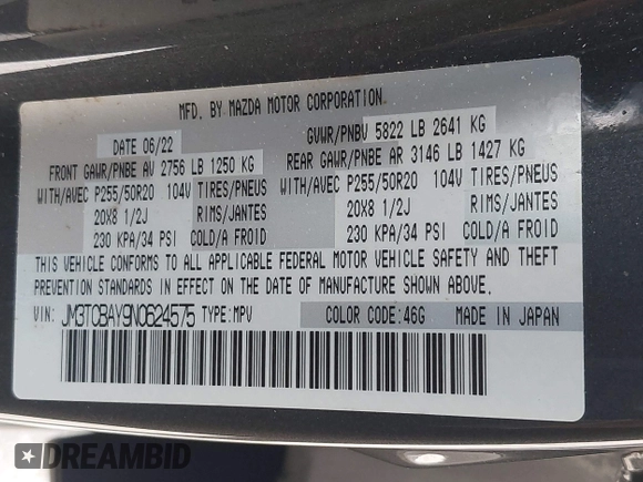 2022 Mazda CX-9 Touring Plus with VIN JM3TCBAY9N0624575, listed as a IAAI auction lot 42326284 with 16,572 mi miles and . Bid and sale history available at DreamBid. Image 9.