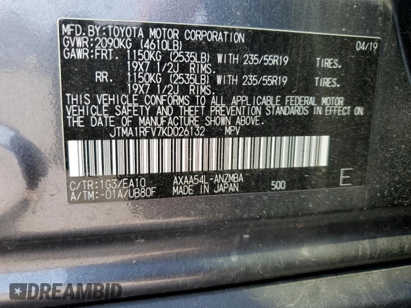 2019 Toyota RAV4 XLE Premium with VIN JTMA1RFV7KD026132, listed as a Copart auction lot 48594395 with 34,671 mi miles and Salvage Title. Bid and sale history available at carsss.com. Image 13.