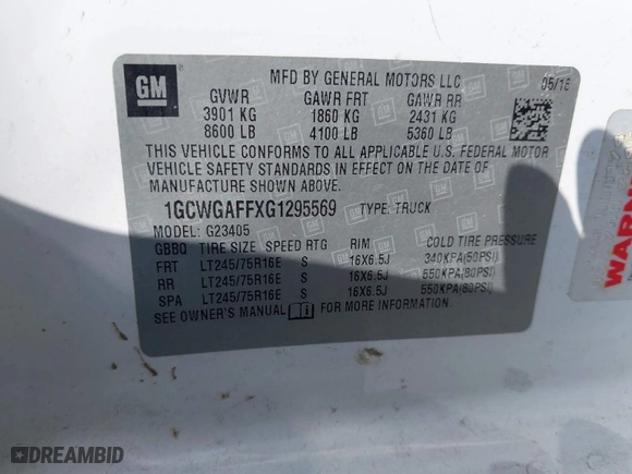 2016 Chevrolet Express Cargo Van with VIN 1GCWGAFFXG1295569, listed as a IAAI auction lot 41749305 with 1 mi miles. Bid and sale history available at carsss.com. Image 9.