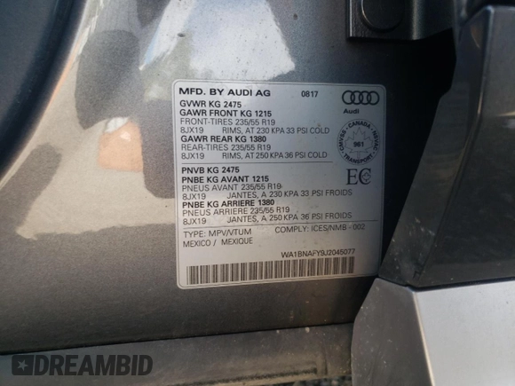 2018 Audi Q5 Premium Plus with VIN WA1BNAFY9J2045077, listed as a Copart auction lot 61676022 with 36,303 mi miles. Bid and sale history available at carsss.com. Image 10.