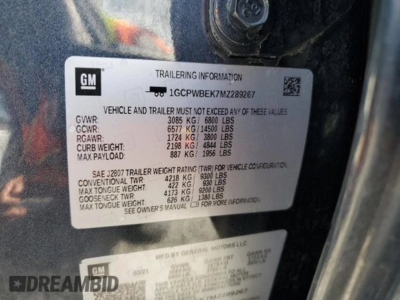 2021 Chevrolet Silverado 1500 Custom with VIN 1GCPWBEK7MZ289267, listed as a Copart auction lot 53317365 with 68,869 mi miles and Salvage Title. Bid and sale history available at DreamBid. Image 13.