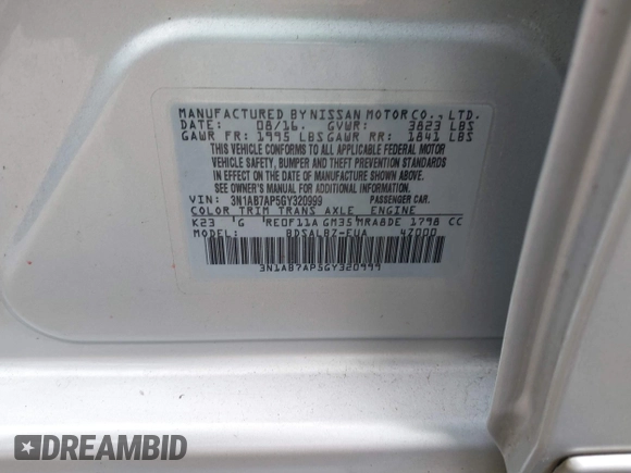 2016 Nissan Sentra S with VIN 3N1AB7AP5GY320999, listed as a IAAI auction lot 41386425 with 169,855 mi miles and . Bid and sale history available at DreamBid. Image 9.