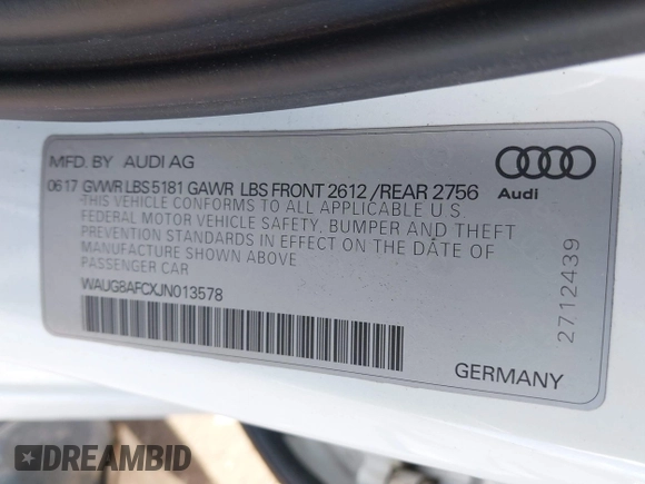 2018 Audi A6 Premium Plus with VIN WAUG8AFCXJN013578, listed as a IAAI auction lot 41929067 with 94,769 mi miles. Bid and sale history available at carsss.com. Image 9.