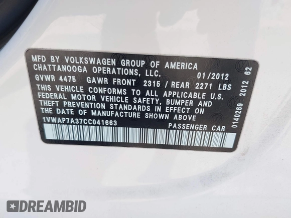 2012 Volkswagen Passat S with VIN 1VWAP7A37CC041663, listed as a IAAI auction lot 42704232 with 215,961 mi miles and . Bid and sale history available at DreamBid. Image 9.