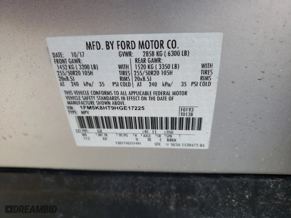 2017 Ford Explorer Platinum with VIN 1FM5K8HT9HGE17225, listed as a Copart auction lot 44321205 with 95,014 mi miles and Salvage Title. Bid and sale history available at carsss.com. Image 13.