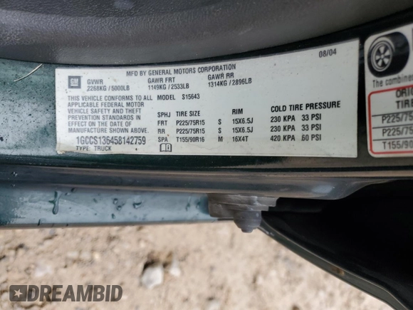 2005 Chevrolet Colorado 1SB LS Z85 with VIN 1GCCS136458142759, listed as a Copart auction lot 44215575 with 162,155 mi miles and Salvage Title. Bid and sale history available at carsss.com. Image 14.