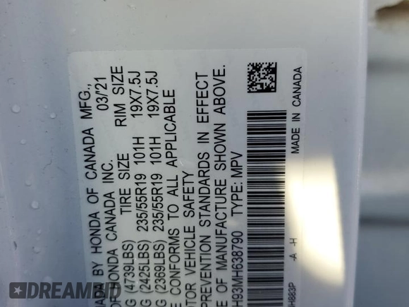 2021 Honda CR-V Touring with VIN 2HKRW2H93MH638790, listed as a Copart auction lot 46158785 with 0 mi miles and Salvage Title. Bid and sale history available at carsss.com. Image 13.