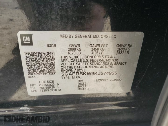 2019 Buick Enclave Essence with VIN 5GAERBKW9KJ274935, listed as a Copart auction lot 88224665 with 118,204 mi miles and Salvage Title. Bid and sale history available at DreamBid. Image 15.