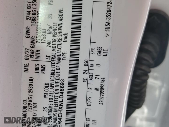 2022 Ford Ranger XL with VIN 1FTER4EHXNLD46693, listed as a Copart auction lot 58147745 with 55,681 mi miles and Salvage title. Bid and sale history available at DreamBid. Image 12.