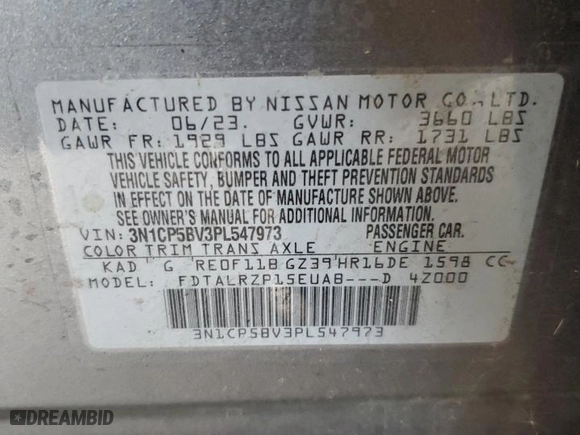 2023 Nissan Kicks S with VIN 3N1CP5BV3PL547973, listed as a Copart auction lot 46710715 with 56,361 mi miles and Salvage Title. Bid and sale history available at carsss.com. Image 13.