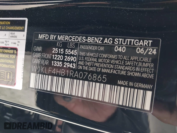 2024 Mercedes-Benz E 350 with VIN W1KLF4HB1RA076865, listed as a IAAI auction lot 41946948 with 1,554 mi miles and . Bid and sale history available at DreamBid. Image 9.