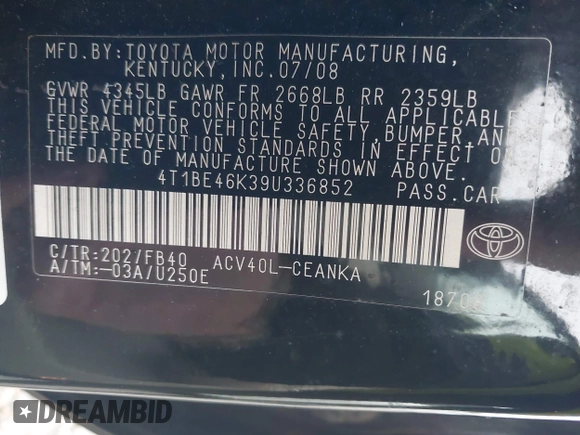 2009 Toyota Camry with VIN 4T1BE46K39U336852, listed as a IAAI auction lot 41981860 with 251,240 mi miles. Bid and sale history available at carsss.com. Image 9.