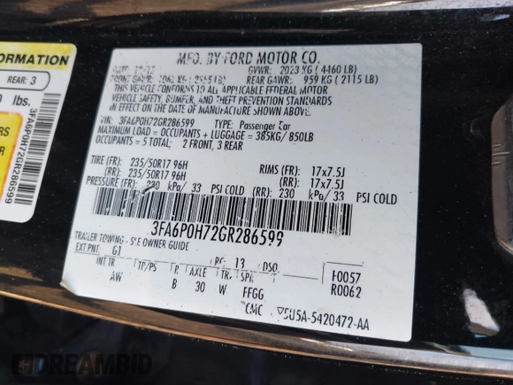 2016 Ford Fusion SE with VIN 3FA6P0H72GR286599, listed as a IAAI auction lot 42701589 with 161,478 mi miles and . Bid and sale history available at DreamBid. Image 9.
