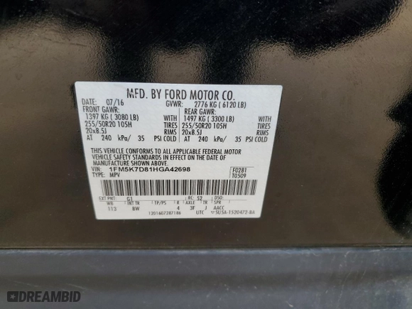 2017 Ford Explorer XLT with VIN 1FM5K7D81HGA42698, listed as a Copart auction lot 42228794 with 134,892 mi miles and Salvage Title. Bid and sale history available at carsss.com. Image 13.