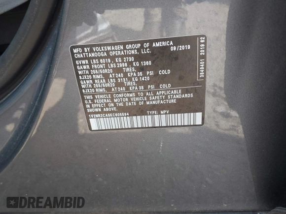 2019 Volkswagen Atlas SEL Premium с VIN 1V2NR2CA5KC605594, выставлен на аукционе IAAI как лот 42335436 с пробегом 73 122 миль миль и . История ставок и продаж доступна на DreamBid. Изображение 9.