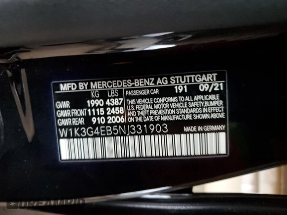 2022 Mercedes-Benz A 220 with VIN W1K3G4EB5NJ331903, listed as a Copart auction lot 41557684 with 8,317 mi miles and Clean Title. Bid and sale history available at DreamBid. Image 13.