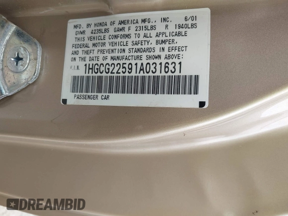 2001 Honda Accord EX с VIN 1HGCG22591A031631, выставлен на аукционе IAAI как лот 41914035 с пробегом 93 900 миль миль и . История ставок и продаж доступна на DreamBid. Изображение 9.